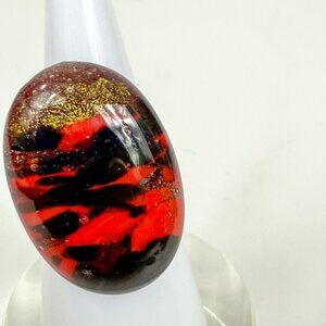 Art Glass Red & Black Copper Avventurine Oval Cabochon Sterling Silver Ring Sz 6